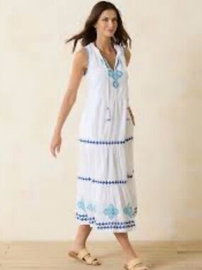 New Tommy Bahama Shell Beach Tiered Dress Embroidered White Gauze New